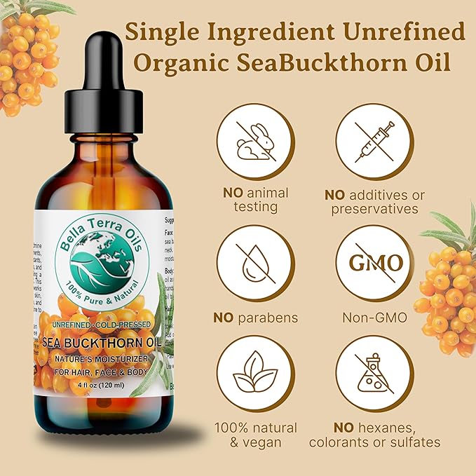 Bella Terra Oils - Organic Sea Buckthorn Oil 2 oz - Dive into Rich Essence of Organic Sea Buckthorn Berry, Packed with Vitamin C, E, & A, Omega-Fatty Acids Delight for Face-FemmiqueWomen