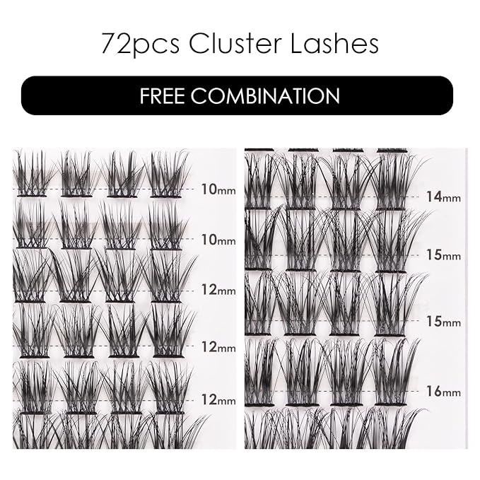 Cluster Lashes 72 Individual Lashes Clusters Eyelash Extensions False Eyelashes DIY Lash Extension Kit Reusable False Eyelashes Natural Look Mix 10-16mm C D Curl-DM06-FemmiqueWomen