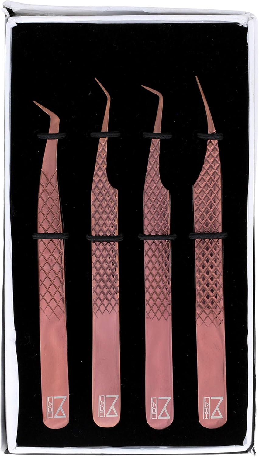 M LASH Eyelash Extension Tweezers (Set of 4) - Professional & Precision Lash Tweezers for Eyelash Extensions - Japanese Steel, Diamond Grip, Fiber Tip V3 (Rose Gold)-FemmiqueWomen