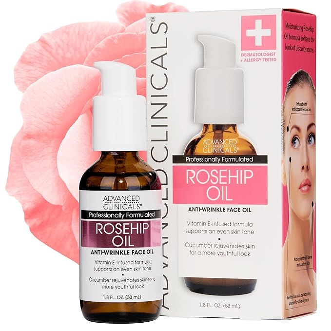 Advanced Clinicals Rosehip Oil For Face With Vitamin E + Botanicals Helps Improve Look Of Dark Spots, Wrinkles, Fine Lines, & Uneven Looking Skin Tone | Moisturizing Skin Care Face Serum, 1.8 Fl Oz-FemmiqueWomen