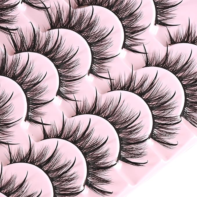 FARRED Wispy Lashes Hybrid Mink Eyelashes 14 Pairs Short Cat Eye Natural Fluffy False Eyelashes Faux Mink Strip Eye Lashes Pack for Daily Makeup (F17 | 8-16 mm)-FemmiqueWomen