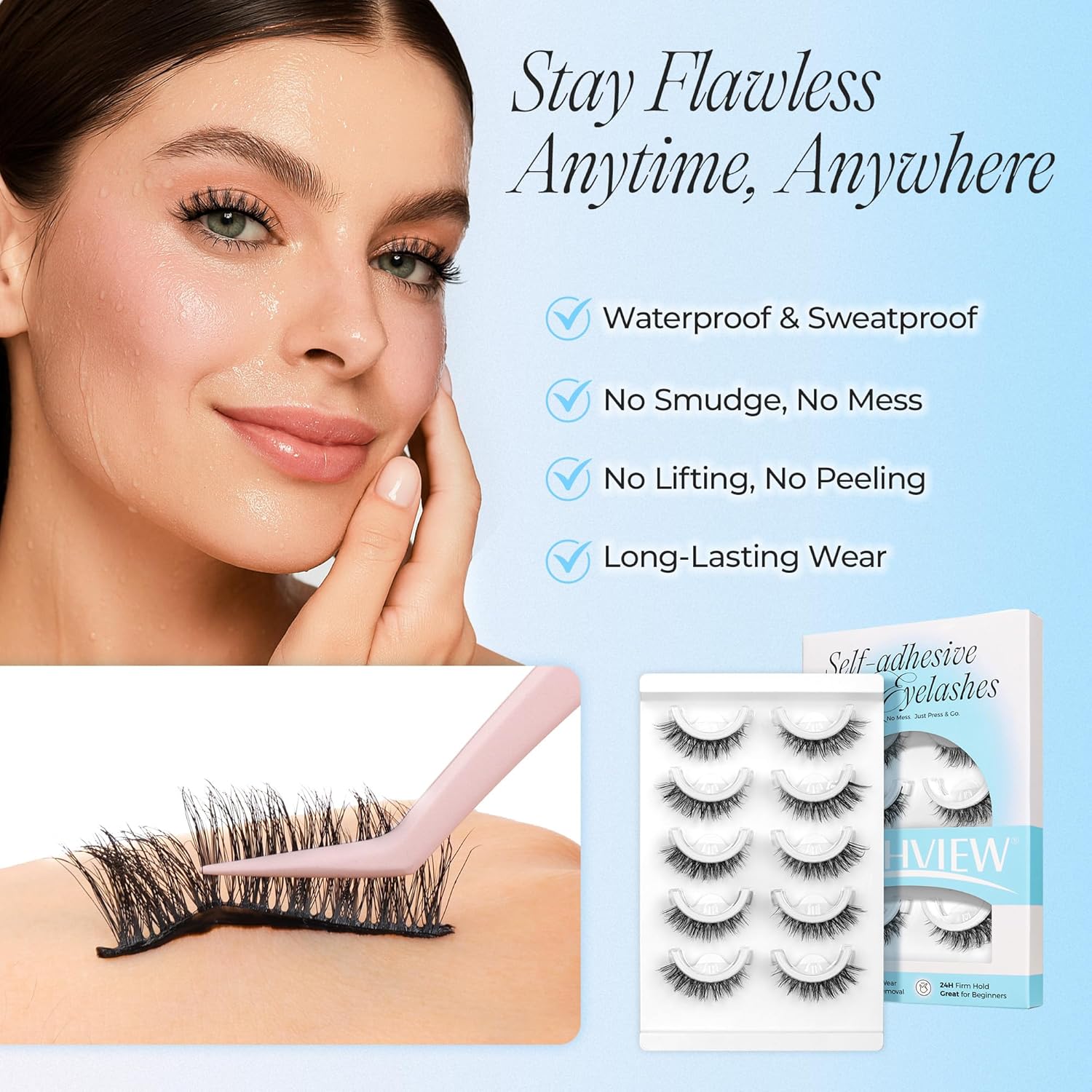 LASHVIEW Self Adhesive Eyelashes 5 Pairs Cat Eye Wispy Self-adhesive False Lashes Reusable Natural Look Press On Lashes No Glue Need Eyelashes with Replacement Adhesive Strips (CV01)-FemmiqueWomen
