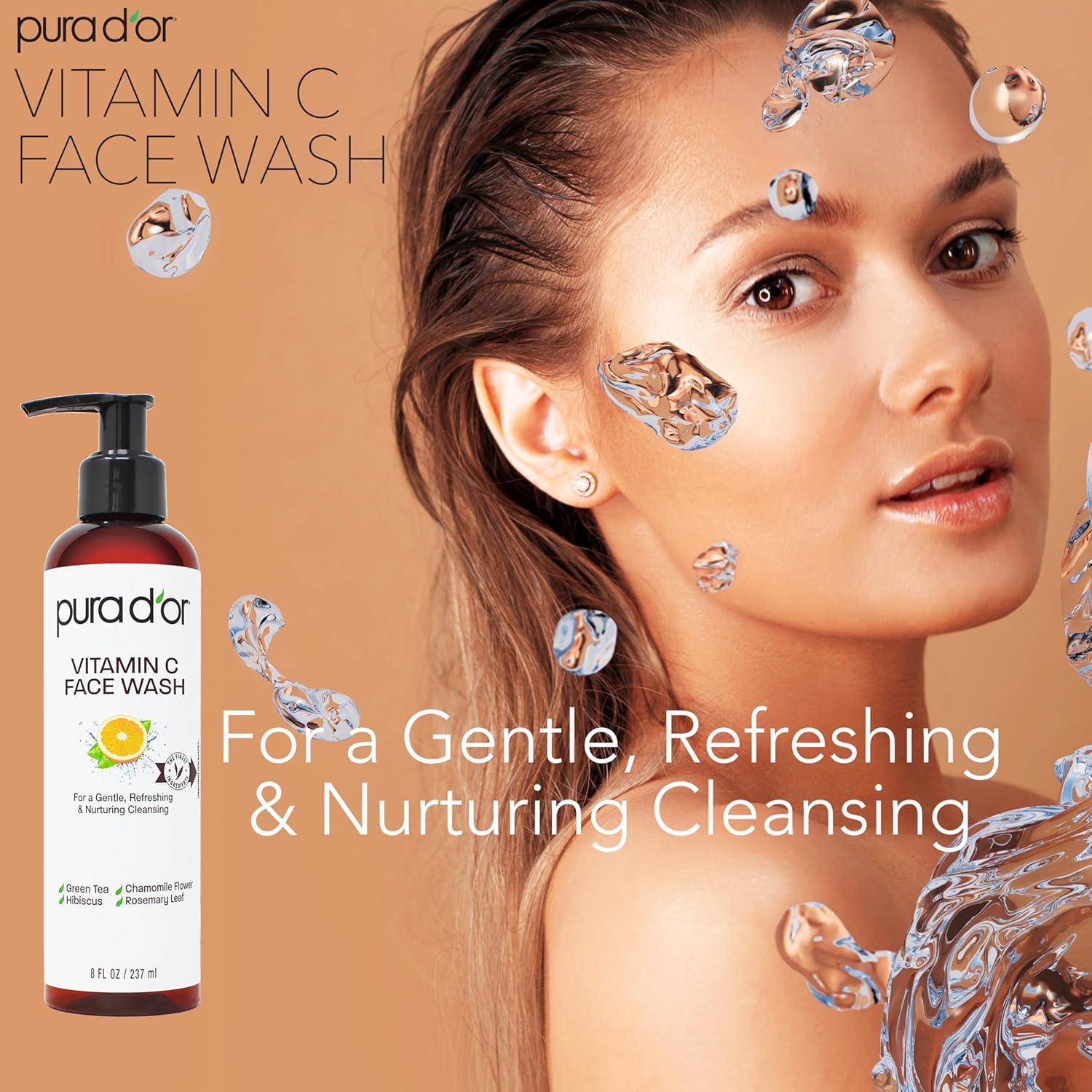 PURA D'OR Vitamin C Face Wash (8oz x2 = 16oz) Antioxidant Rich Facial Cleanser For Radiant Glow & Even Skin Tone - Gentle, Refreshing, Nurturing, Hydrating, Sulfate & Paraben Free Formula-FemmiqueWomen