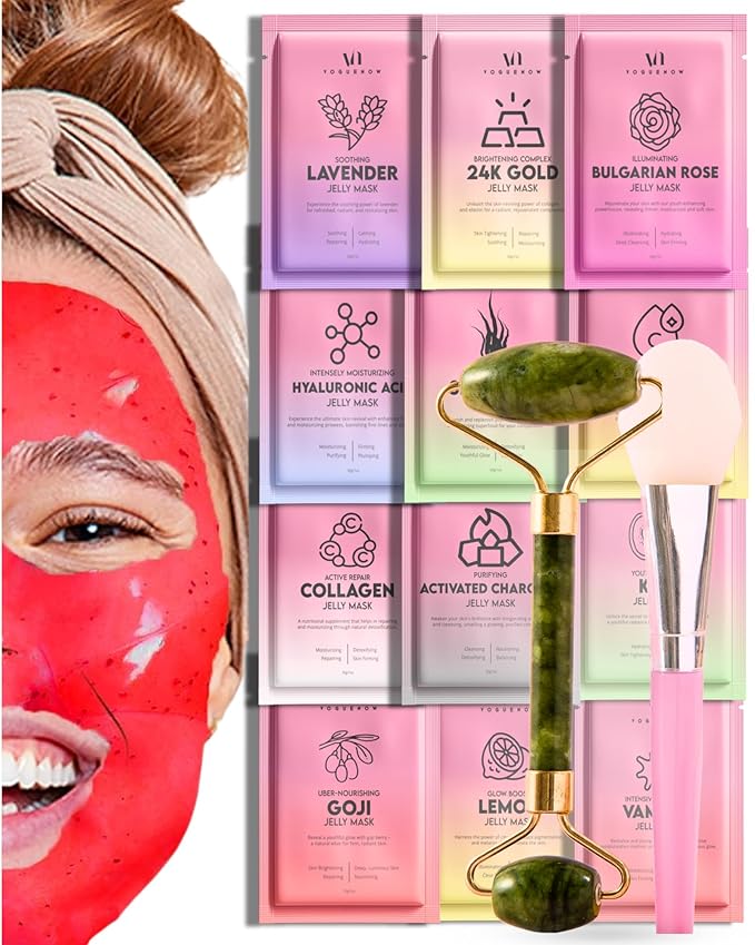 Jelly Mask for Facials - 12 Flavors Hydrating & Brightening Jelly Face Masks | Free Jade Roller & Spatula | Bulgarian Rose, Lavender, Hyaluronic Acid, 24K Gold face mask skin care |Vajacial Jelly Mask-FemmiqueWomen