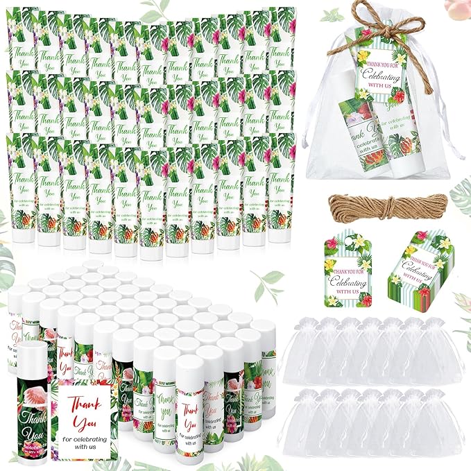 200 Pcs Baby Shower Wedding Party Favors Gift Set, 50 Pcs Baby Shower Hand Cream and 50 Lip Balm for Wedding Bridesmaid Guests Gift Supplies with 50 Organza Bag 50 Thank You Tag(Tropical)-FemmiqueWomen