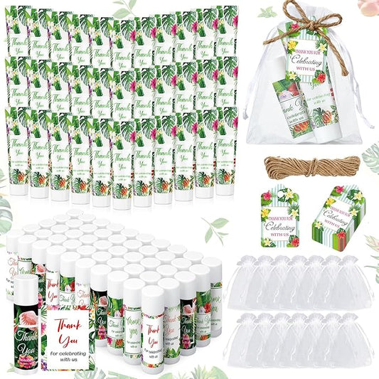 200 Pcs Baby Shower Wedding Party Favors Gift Set, 50 Pcs Baby Shower Hand Cream and 50 Lip Balm for Wedding Bridesmaid Guests Gift Supplies with 50 Organza Bag 50 Thank You Tag(Tropical)-FemmiqueWomen