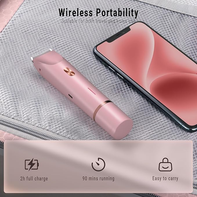 2-in-1 Bikini Trimmer for Women, Bikini Shaver with Dual Heads, Painless Body and Facial Hair Removal, Rechargeable Cordless Electric Razors for Face Chin Pubic Underarm Legs, IPX7 Waterproof, Pink-FemmiqueWomen