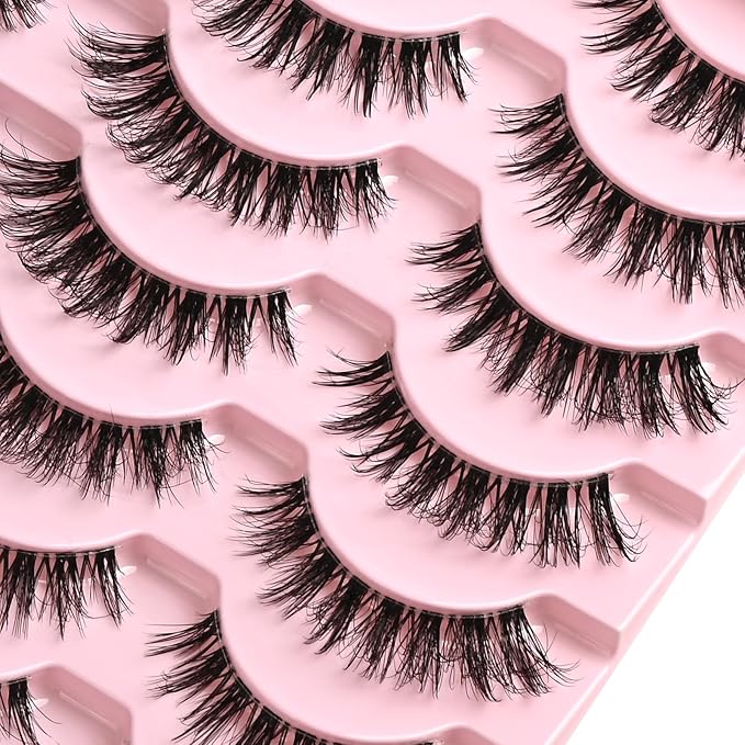 FARRED Cat Eye Lashes False Eyelashes Short Wispy Lash Strips Volume Eyelash 14 Pairs Cateye Medium Length False Clear Band Lashes Natural Looking Hybrid Clusters Full Strip Lashes (F29 | 7-14mm)-FemmiqueWomen
