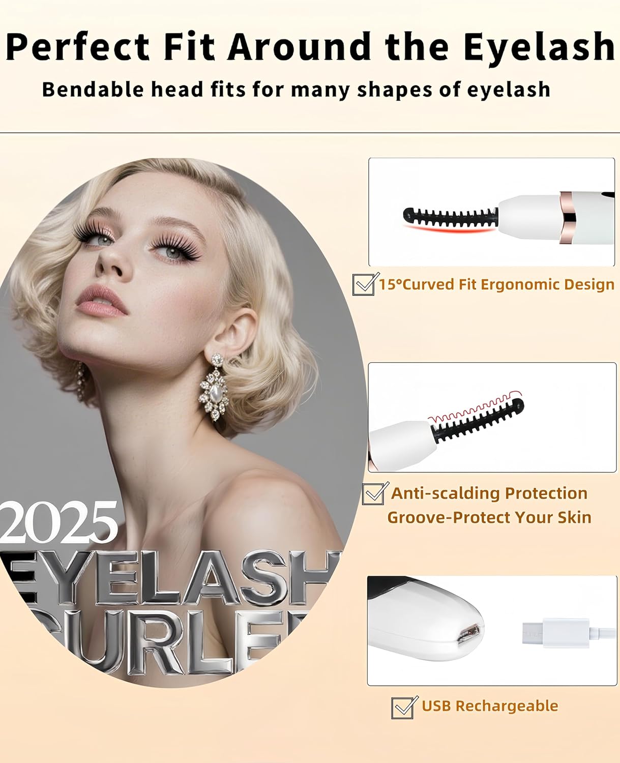 Heated Eyelash Curler, Heated Lash Curler with Led Display Electric Eye lash Curler 3 Temp Settings for Makeup Tools for Achieving A Natural Curl and Long Lasting Eyelashes, Designed for Women, White-FemmiqueWomen