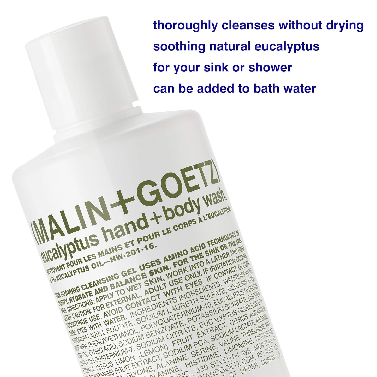 Malin + Goetz Eucalyptus Hand + Body Wash natural cleansing, purifying, hydrating hand & body wash. all skin types, dry, irritated, sensitive. No stripping/irritation. Cruelty-free & vegan 16 Fl oz-FemmiqueWomen