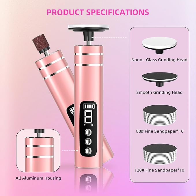 2 in 1 Electric Foot Callus Remover,9 Adjustable Speeds Rechargeable Electric Dead Skin Sander Pedicure Tools with Sandpaper Disk and Nail Drill Bits,Grinding Heads for Women&Men-FemmiqueWomen