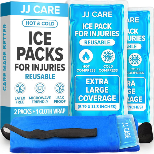 JJ CARE Gel Ice Packs Reusable (Pack of 2, XL) - Ice Packs for Injuries Reusable - Soft Ice Pack for Injuries with Wrap - Flexible Therapy, for Knee, Back, Neck, Wrist, & Ankle-FemmiqueWomen