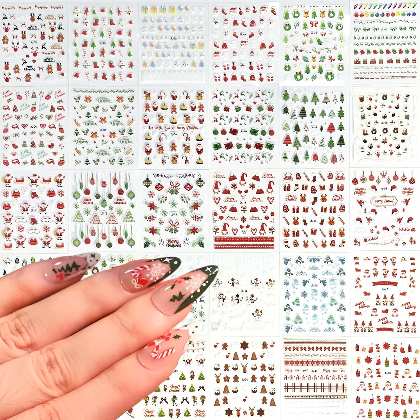 30 Sheets Christmas Nail Art Stickers 3D Self- Adhesive Pegatinas Uñas Snowman Snowflake Nail Decals White Red Christmas Nail Supplies for Women and Girls-FemmiqueWomen