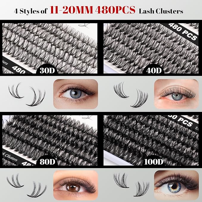 Lash Clusters 480 Clusters 60D 80D Thick Eyelash Extension 30D 40D Individual Eyelashes D Curl 11-20mm False Eyelash Multi-Style DIY Lash Extensions for Beginners(30D-80D-D, 11-20MIX)-FemmiqueWomen
