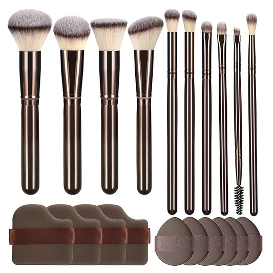 10 Piece Black brown Makeup Brushes and 10 Piece Makeup Sponge – Wooden Handle,with Soft Synthetic Bristles,|Professional Makeup Brushes set for Women & Girls|-FemmiqueWomen