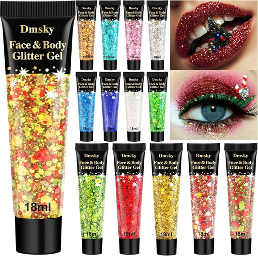 14 Colors Body Glitter,Face Glitter Makeup for Kids Women,Sparkly Chunky Hair Glitter for Eye Lip Nails,Mardi Gras Glitter Makeup Face Paint,Singer Concerts Disco Rave Festival Accessories-Christmas-FemmiqueWomen