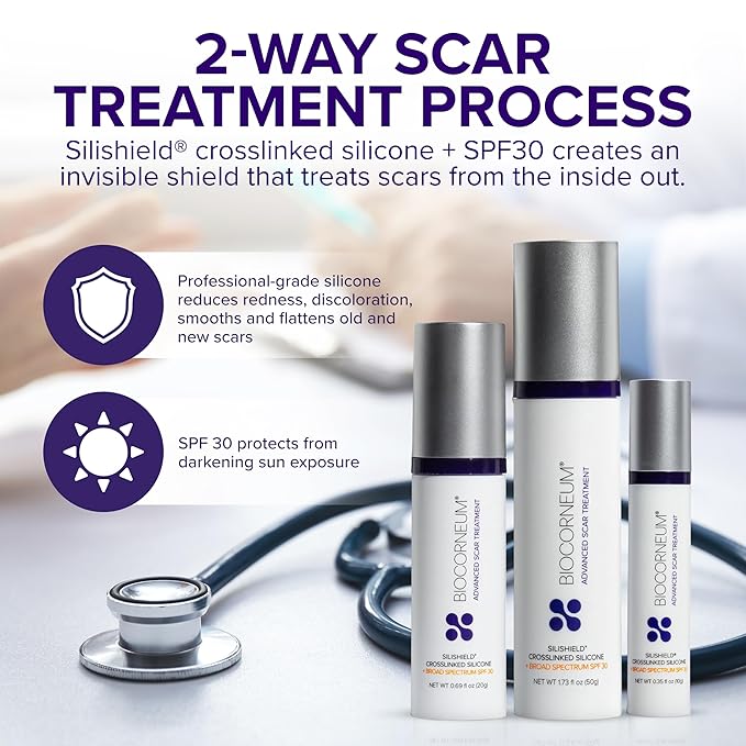 Biocorneum Advanced Scar Treatment with Silishield® & SPF 30 10g – Made in the USA, Fast-Drying, Silicone Scar Gel - Surgeon Recommended for New & Old Scars - Suitable for Children Over 6 Months-FemmiqueWomen