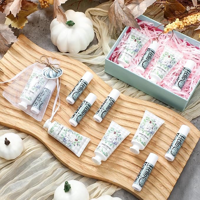 144 Pcs Fall Lip Balm Hand Cream Set Party Favors, Include 36 Blue Pumpkin Lip Balm 36 Moisturizing Hand Cream 36 Bags 36 Cards and Ropes for Autumn Accessories Gifts-FemmiqueWomen