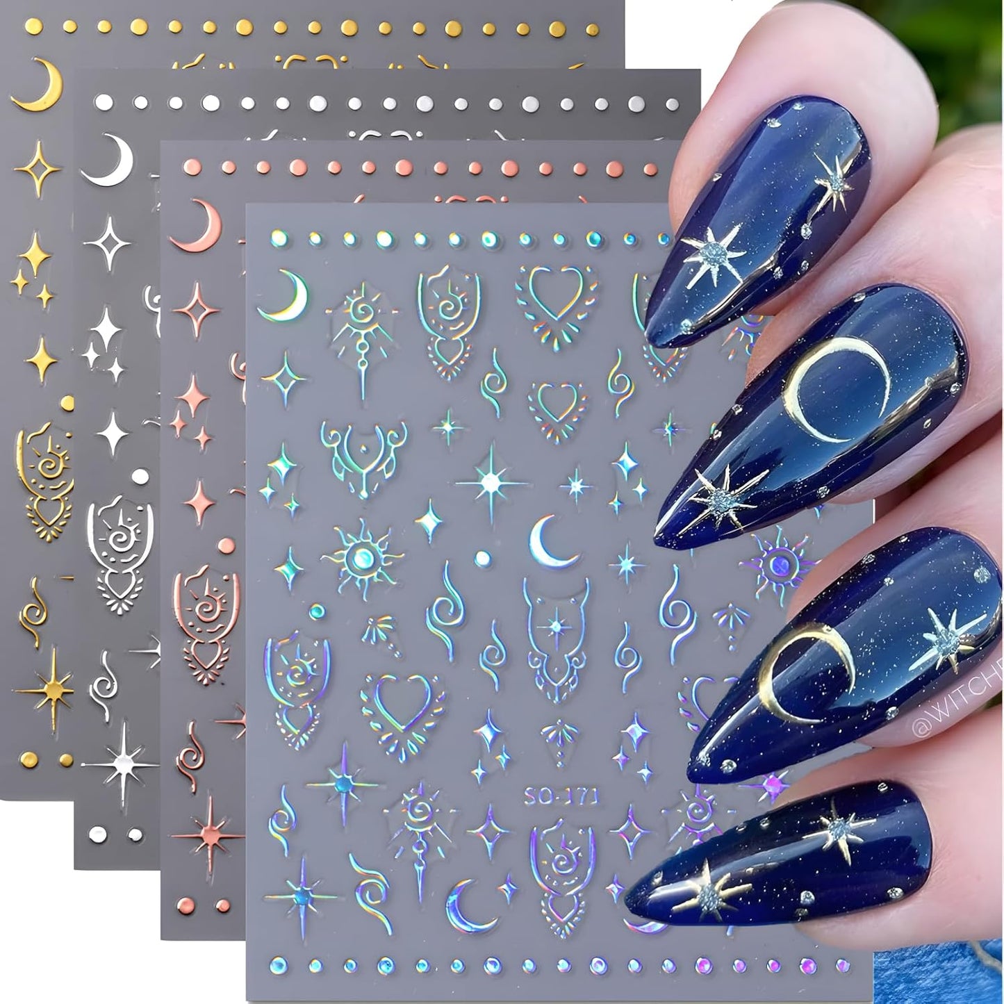 12 Sheets Star Nail Stickers for Nail Art Gold Moon Star Nail Art Stickers Decals 3D Self Adhesive Aurora Nail Decals Silver Star Nail Art Design Decoration Accessories for Women, Style 3-FemmiqueWomen
