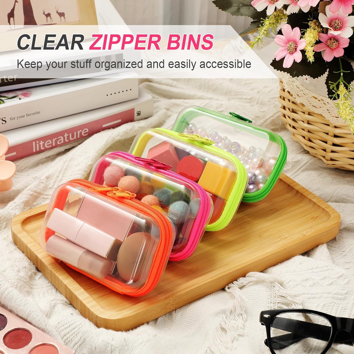 Hoolerry 4 Pcs Hard Clear Zipper Case Makeup Bags Plastic Pencil Pouch Transparent Storage Box Containers for Cosmetics, Snacks, Building Blocks, Puzzles(Fluorescent,5 x 3 x 2 in)-FemmiqueWomen