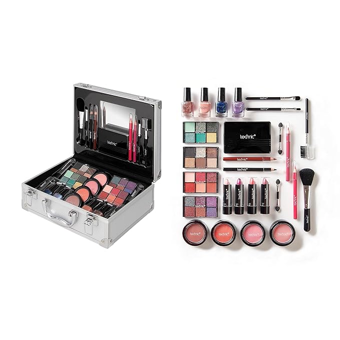 28 Pcs Carry All Full Make Up Kit In a Trunk Train Case Including Makeup Brushes, Eye Shadows, Nail Polish, Blushers, Lipsticks and More-FemmiqueWomen