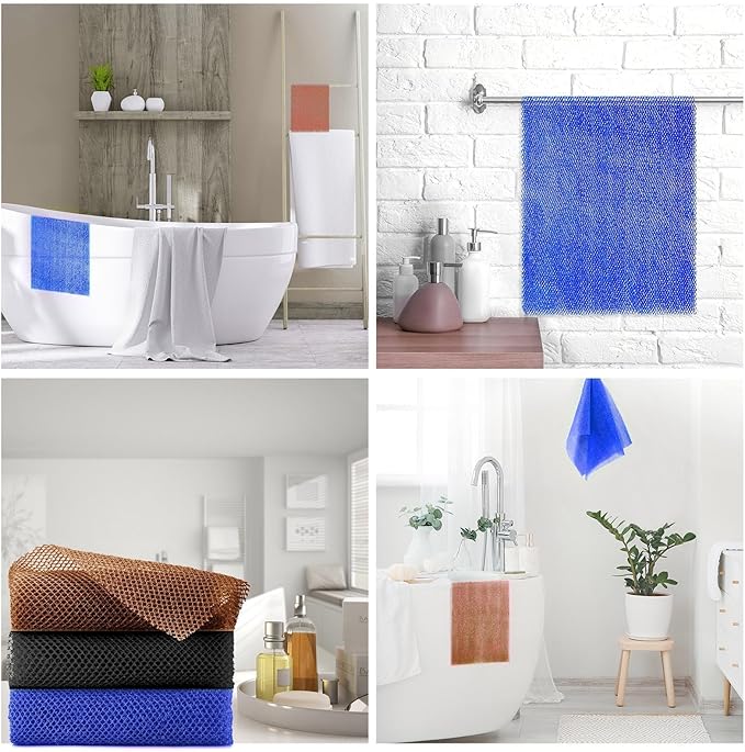 3 Pieces African Bath Sponge African Net Long Net Bath Sponge Exfoliating Shower Body Scrubber Back Scrubber Skin Smoother,Great for Daily Use (Black、Blue、Brown)-FemmiqueWomen