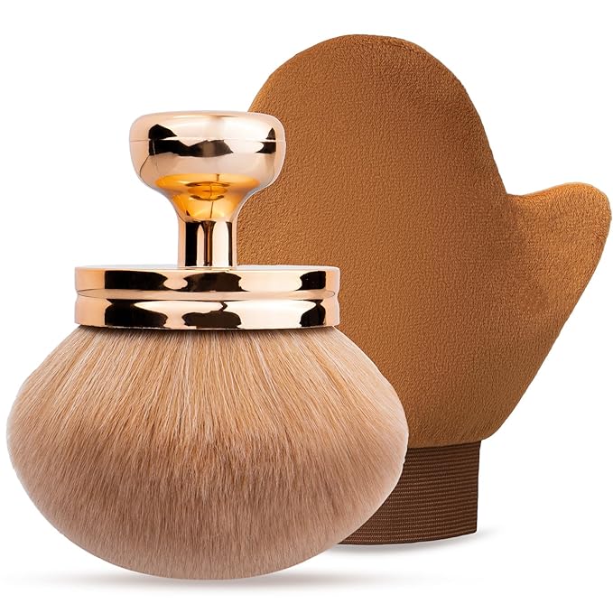 Self Tanning Brushes- Blend & Blur Extra Large Body Makeup Brush & Tanning Mitt, 2 Pcs, Kabuki Body Brush Applicator for Tan, Foundation, Self Tanner Glove for Application, Mousse, Lotion (Rose Gold)-FemmiqueWomen