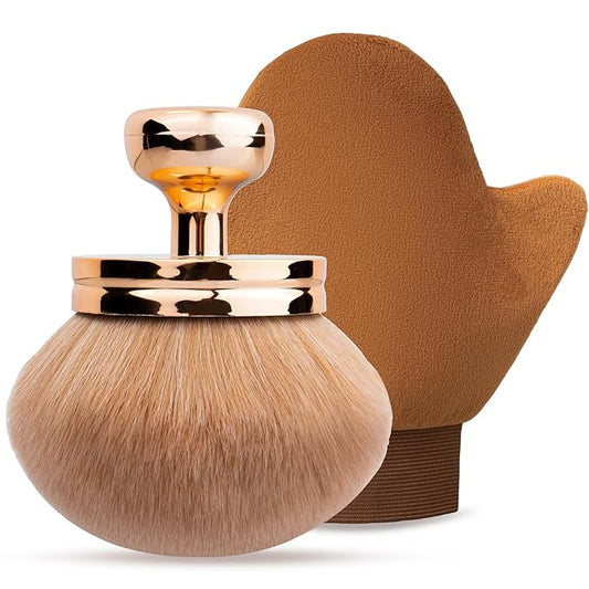 Self Tanning Brushes- Blend & Blur Extra Large Body Makeup Brush & Tanning Mitt, 2 Pcs, Kabuki Body Brush Applicator for Tan, Foundation, Self Tanner Glove for Application, Mousse, Lotion (Rose Gold)-FemmiqueWomen