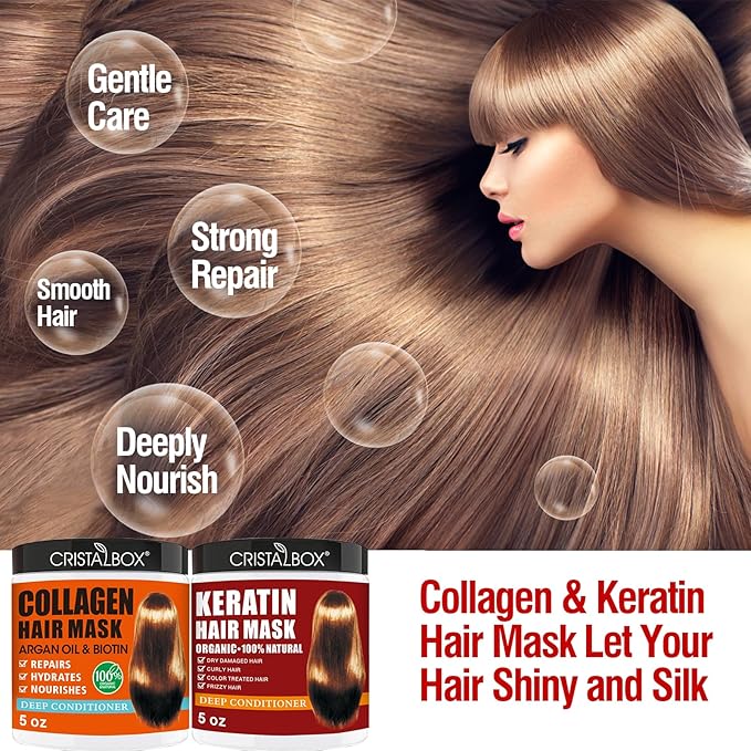 2 Pack Collagen Hair Mask & Keratin Hair Mask,Keratin Hair Treatment,Hydrating Argan Oil Hair Repair Treatment Deep Conditioner Hair Mask for Dry Hair,Collagen with Biotin Hair Treatment Mask-FemmiqueWomen