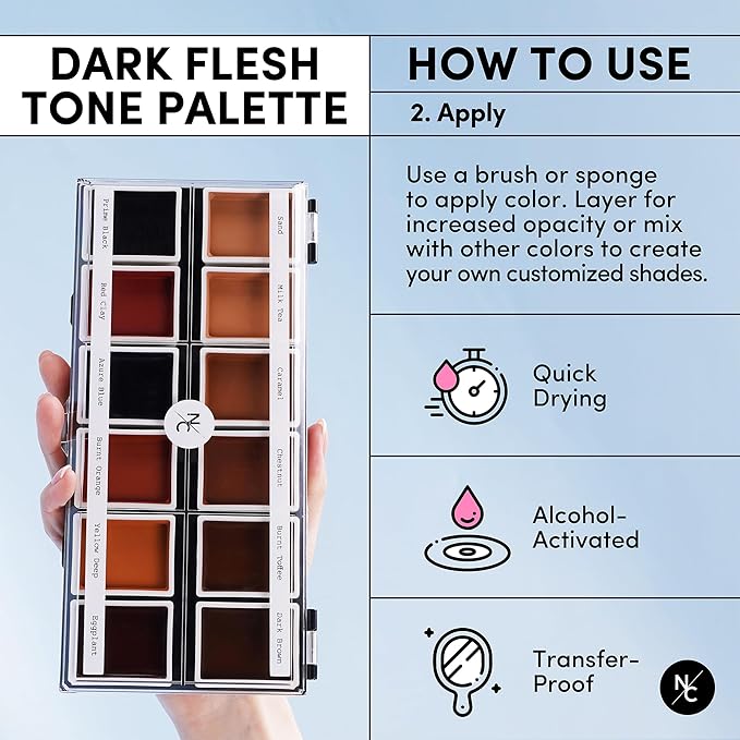 12 Color Dark Flesh Tone Alcohol Activated Makeup Palette Kit - Includes Alcohol Activator and Moisturizing Remover - Waterproof Makeup for Professional Makeup Artists-FemmiqueWomen