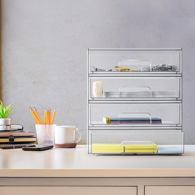 Sorbus Acrylic Storage Containers - 4 Pack, Stackable Storage Bins Set for Bathroom Organization - Clear Acrylic Drawer Organizers - Makeup Case Pull-Out Drawers (12.1’’ Wide)-FemmiqueWomen