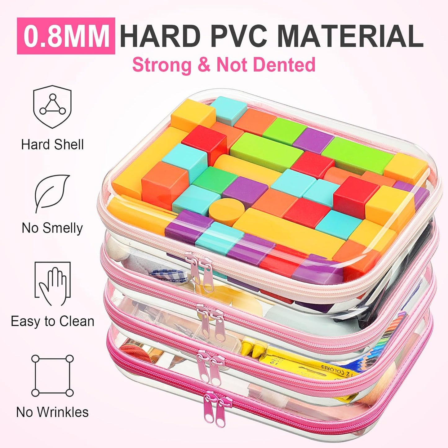 Hoolerry 4 Pcs Hard Clear Zipper Case Makeup Bags Plastic Pencil Pouch Transparent Storage Box Containers for Cosmetics, Snacks, Building Blocks, Puzzles(Pink,9.8 x 7.9 x 2 in)-FemmiqueWomen