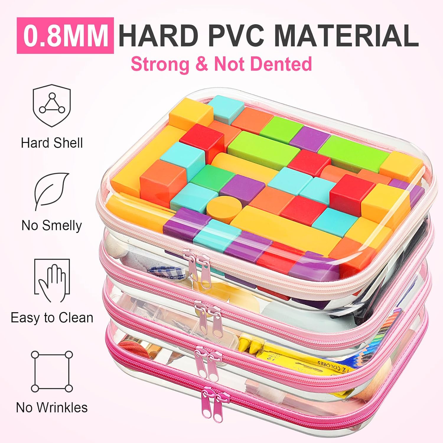 Hoolerry 4 Pcs Hard Clear Zipper Case Makeup Bags Plastic Pencil Pouch Transparent Storage Box Containers for Cosmetics, Snacks, Building Blocks, Puzzles(Pink,9.8 x 7.9 x 2 in)-FemmiqueWomen