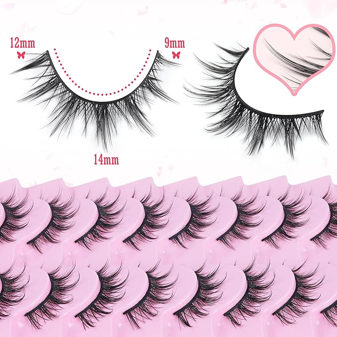 FANXITON Manga Lashes Wispy Natural Look Faux Eyelashes 10 Pairs Asian 3D False Eyelashes 14 mm Cat Eye Lashes Pack-FemmiqueWomen