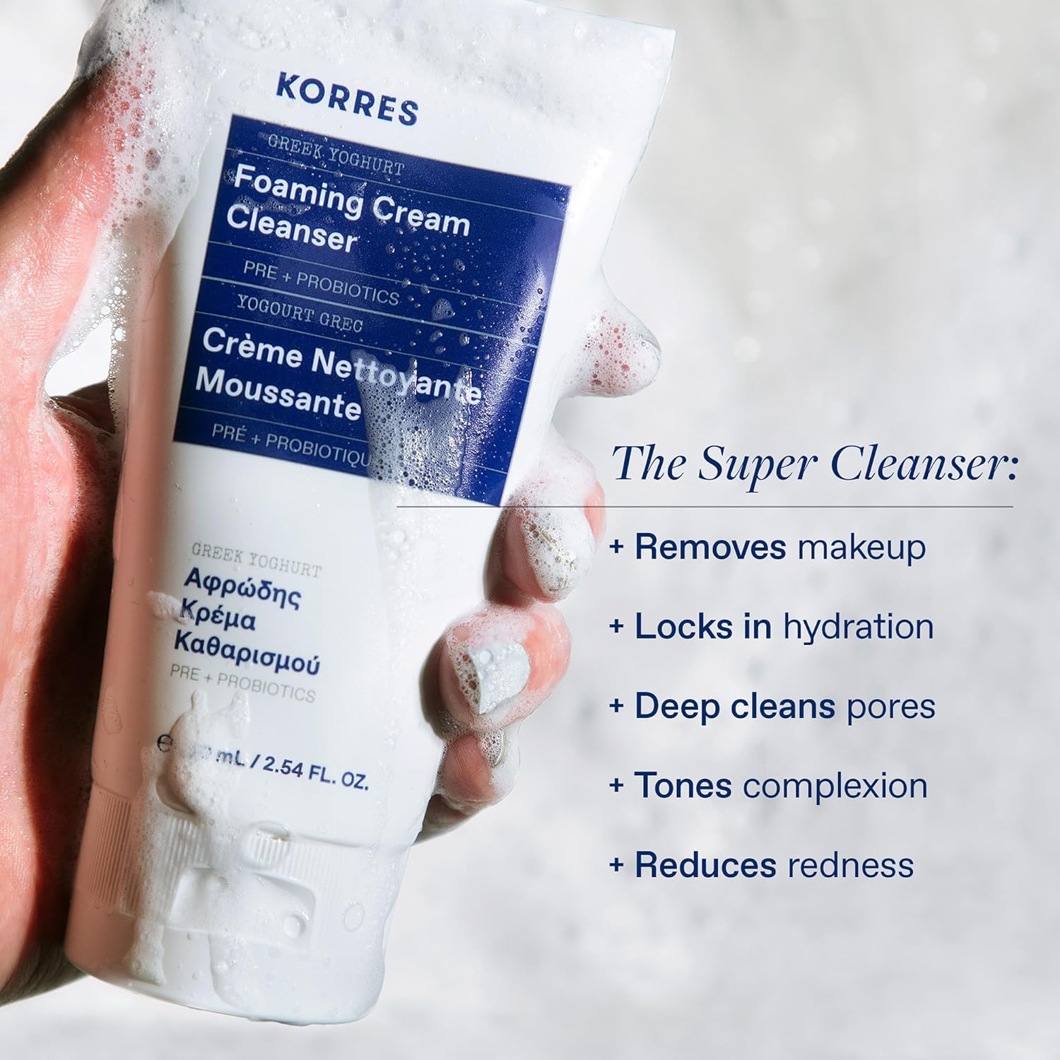 KORRES Greek Yoghurt Foaming Cream Cleanser, Hydrating, Deep Cleansing Skin Care, Makeup Remover, Face Wash for Women, Cream to Foam Facial Cleanser for Dry, Oily, Sensitive, Any Skin Type, 2.5 fl oz-FemmiqueWomen