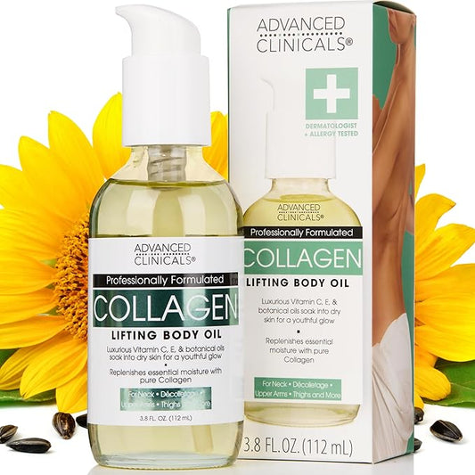 Advanced Clinicals Hydrating Collagen Oil For Body & After Shower | Visible Anti Aging Moisturizing Collagen Body Oil For Women & Men Helps Soften Appearance Of Crepe Skin & Wrinkles, 3.8 Fl Oz-FemmiqueWomen