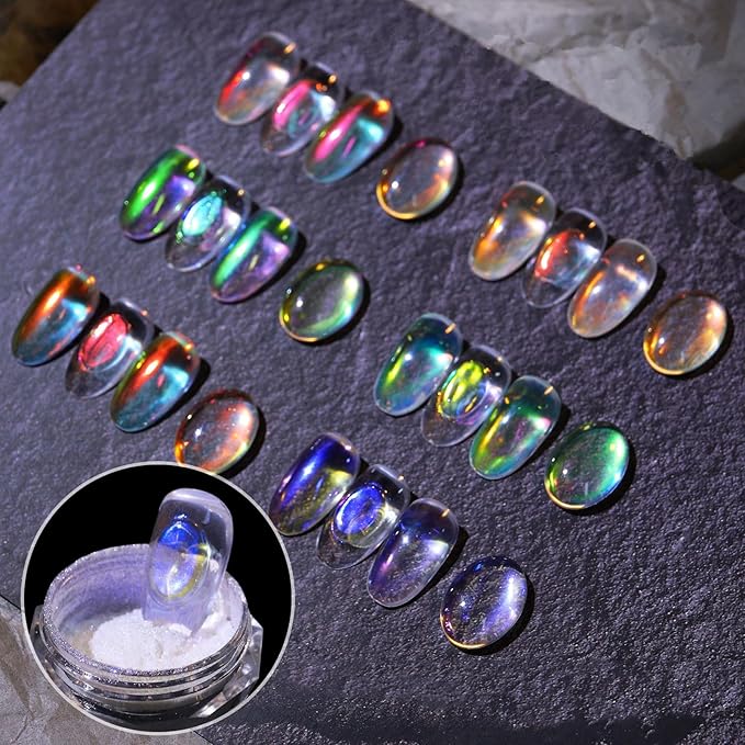 3 Boxes Ice Transparent Aurora Nail Powder Neon Rainbow Holographic Chameleon Powder Multi Chrome Iridescent Pigment Pearlescent Nail Art Glitters (Transparent #1#2#3)-FemmiqueWomen