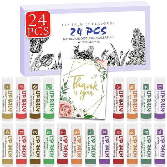 24 Pack Lip Balm, Natural Lip Balm Bulk with Vitamin E and Coconut Oil, Moisturizing Soothing Chapped Lips-8 Flavors-FemmiqueWomen