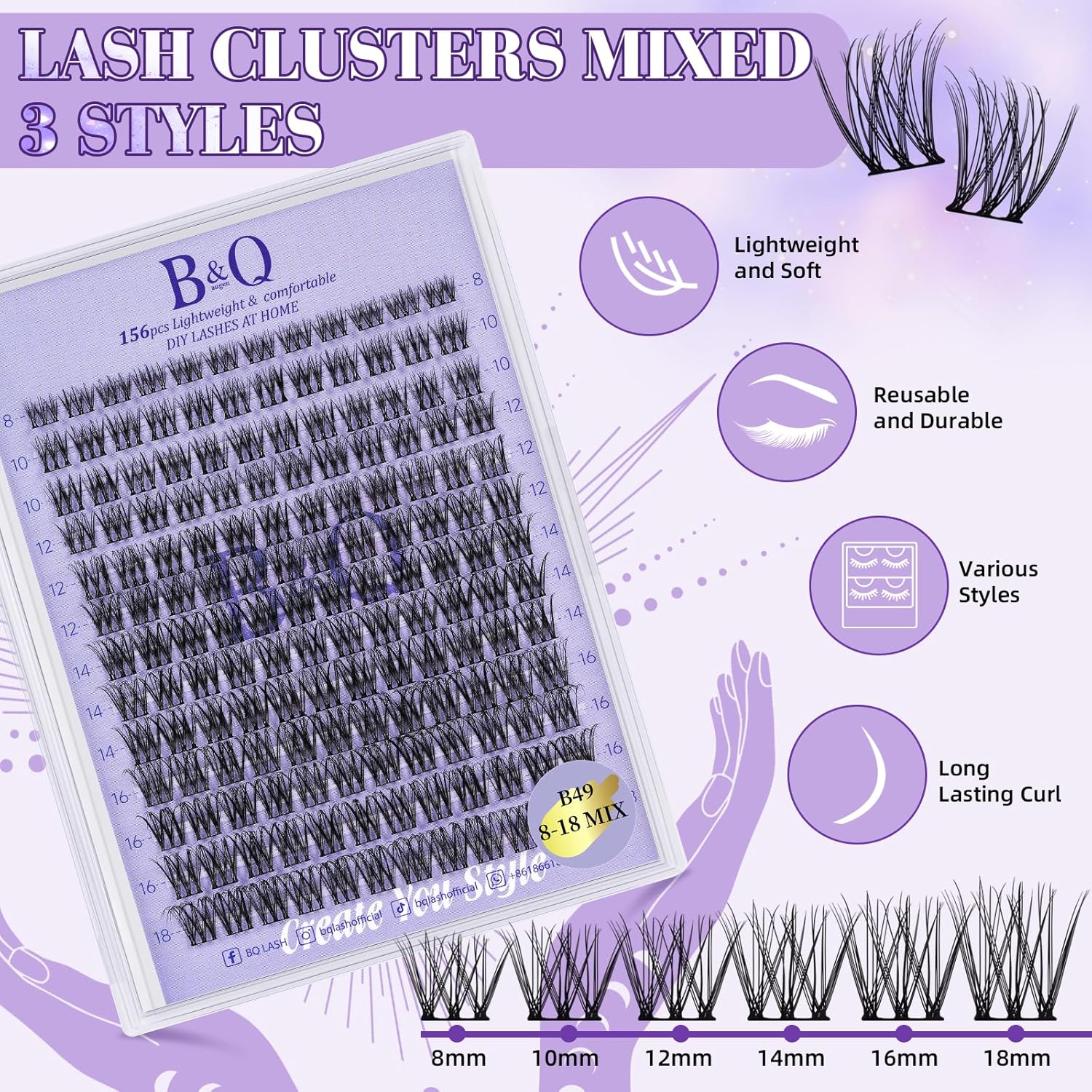 Lash Extension Kit B49 Eyelash Extension Kit B&Qaugen DIY Lash Extension Kit 156 PCS Lash Clusters 8-18mm Cluster Eyelash Extensions Kit with Lash Bond and Seal Lash Applicator Tool (Kit,B49)-FemmiqueWomen
