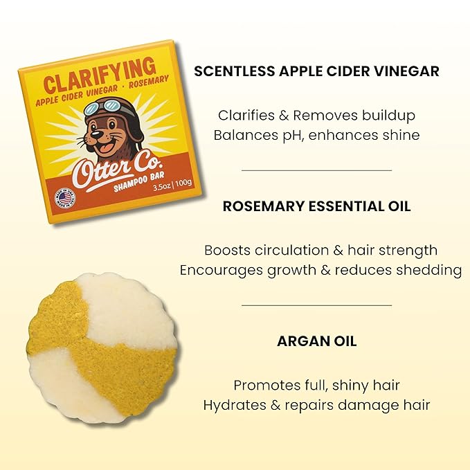 Otter co. Clarifying Apple Cider Vinegar Shampoo Bar for Build Up – Argan oil, Rosemary, Nettle, Jojoba oil – Vegan, Sulfate Free & Non Toxic – Women and Mens Shampoo, All Hair Types, Made in USA-FemmiqueWomen
