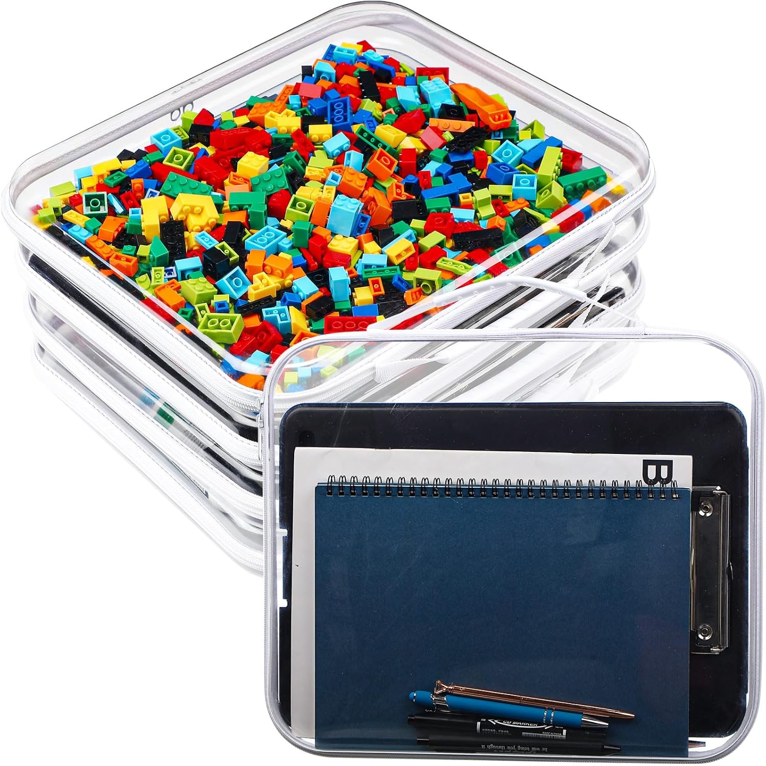 Sanwuta 4 Pcs Clear Hard Zipper Case with Handle Office Storage Cases Hard Plastic Pouches Transparent Bins for Toys, Snacks, Cosmetics, Building Blocks, Puzzles(13.8 x 11.8 x 2 Inches,White)-FemmiqueWomen