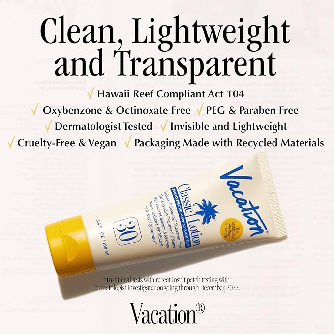 Vacation Classic Sunscreen Lotion SPF 30, Water-Resistant, Lightweight, Transparent on All Skin Tones, Dermatologist-Tested, Vegan, Travel Size, 3.4 Fl. Oz. (Value Pack of 3)-FemmiqueWomen
