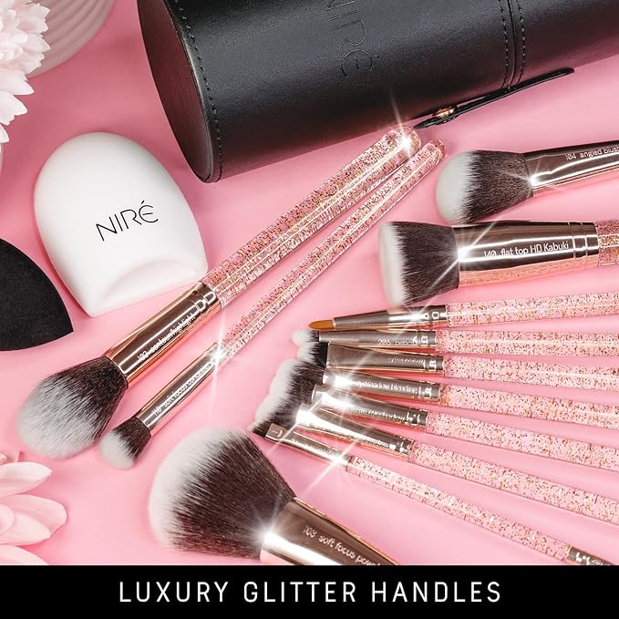 Niré Beauty 15piece Award Winning Glitter Makeup Brushes: Cute Makeup Brushes Set with Case, Beauty Blender, Cleaner, Guide, Gift Box-FemmiqueWomen