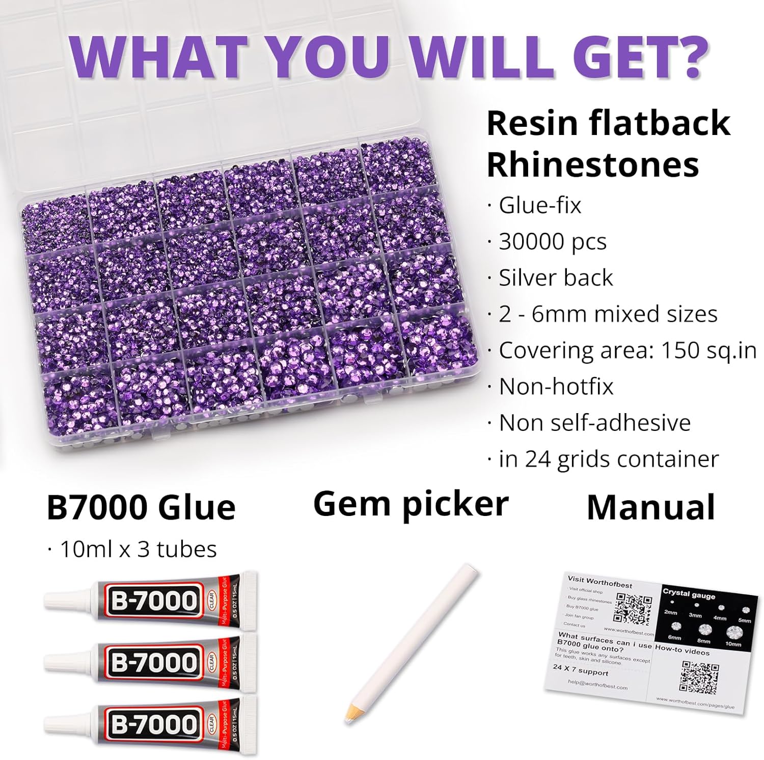 30000Pcs Resin Rhinestones Set for Crafting Bedazzling, Lavender Flatback Gems Jewels for Crafts Clothes Shoes Fabric Outfit Nails Makeup, Flat Back Crystal 2-6mm with b 7000 Glue-FemmiqueWomen