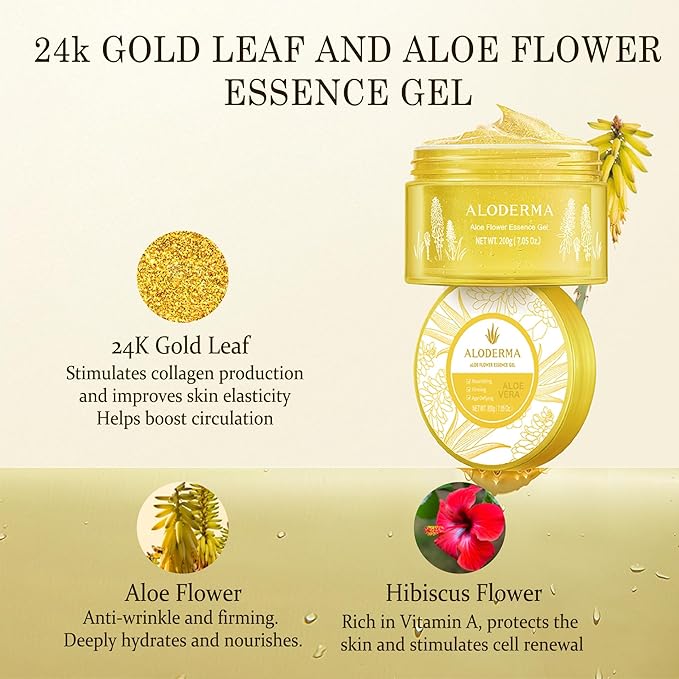 Aloderma Age-Defying Aloe Flower Essence Gel with 24K Gold Leaf, Made within 12 Hours of Harvest - Luxurious Aloe Gel with Allantoin & Hyaluronic Acid for a Shimmering, Youthful Complexion, 7oz 3-Pack-FemmiqueWomen