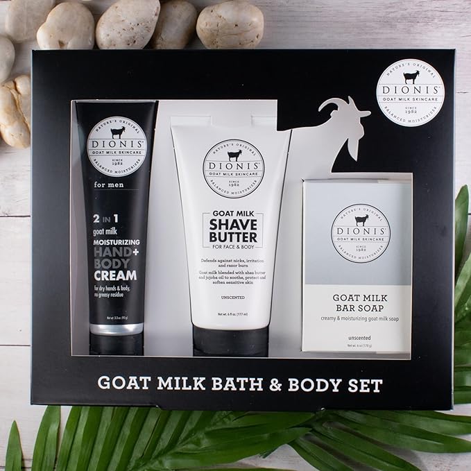 Dionis Goat Milk Skincare Men's Unscented Bath & Body 3pc Gift Set - Blended Shea Butter & Jojoba Oil Shave Butter For Sensitive Skin, Unscented Hydrating Moisturizer & Nourishing Bar Soap For Men-FemmiqueWomen