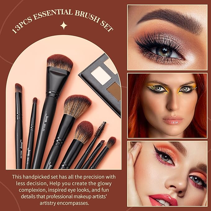 Jessup Full Makeup Brushes Set 13pcs, Professional Vegan Foundation Powder Contour Blush Highlight Eyeshadow Blending Concealer Spoolie EyeLiner Brush, Phantom Black T300-FemmiqueWomen