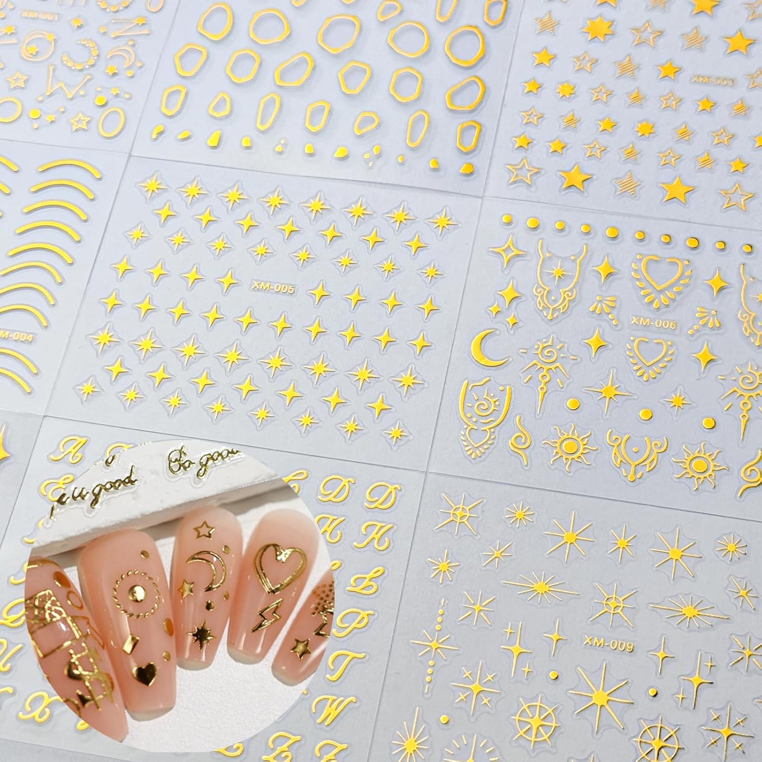 30Sheets Gold Nail Art Stickers Star Line 3D Self Adhesive Nail Stickers for Nail Art Moon Stars Nail Decals Heart Nail for Women and Girls Manicure DIY Decoration-FemmiqueWomen