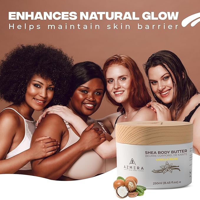 AZMERA Handcrafted Whipped Shea Body Butter – Luxurious Vanilla Bean Scented Moisturizer for Dry, Sensitive Skin, Argan Oil & Vitamin E – Vegan, Non-Greasy Skincare – 8.82 oz-FemmiqueWomen