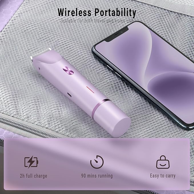 2-in-1 Bikini Trimmer and Shaver Kit for Women, Electric Body Hair Trimmer Facial Hair Removal Cordless Bikini Shaver Razor for Face Lip Chin Pubic Underarm Legs, Purple-FemmiqueWomen